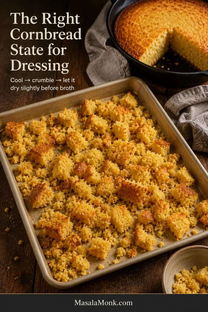 Cooled Southern cornbread broken into larger chunks and smaller crumbs on a tray, with part of the original skillet cornbread behind it.