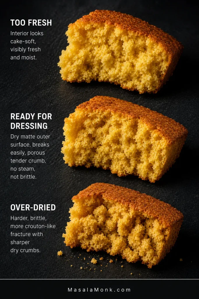 Three pieces of cornbread compare too-fresh cake-soft crumb, bread ready for dressing with a dry surface and tender crumb, and brittle over-dried bread.