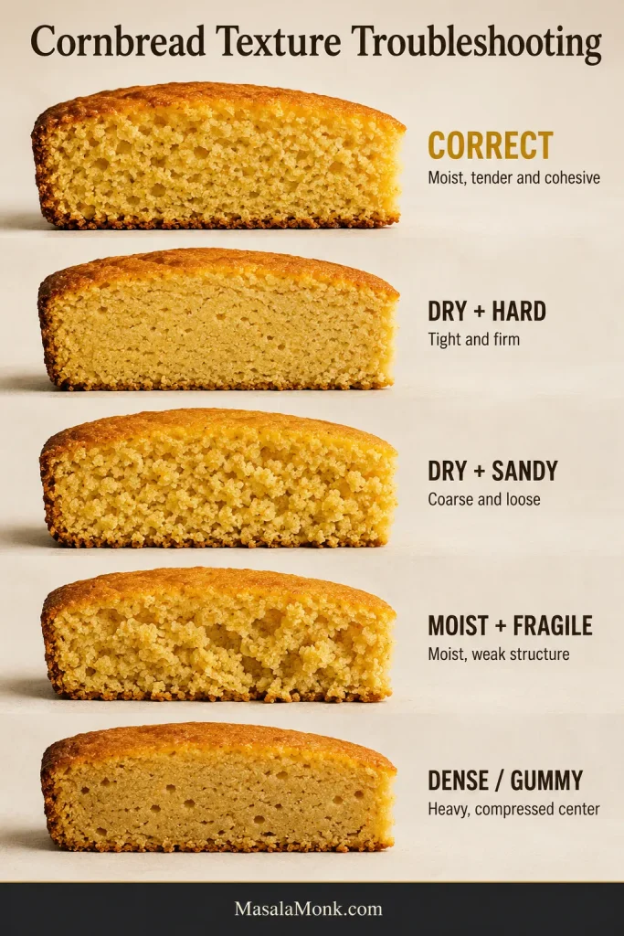 Five cornbread cross sections comparing correct texture, dry and hard, dry and sandy, moist and fragile, and dense or gummy crumb.