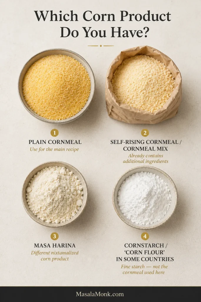 Ingredient guide comparing plain cornmeal, self-rising cornmeal mix, masa harina and cornstarch.