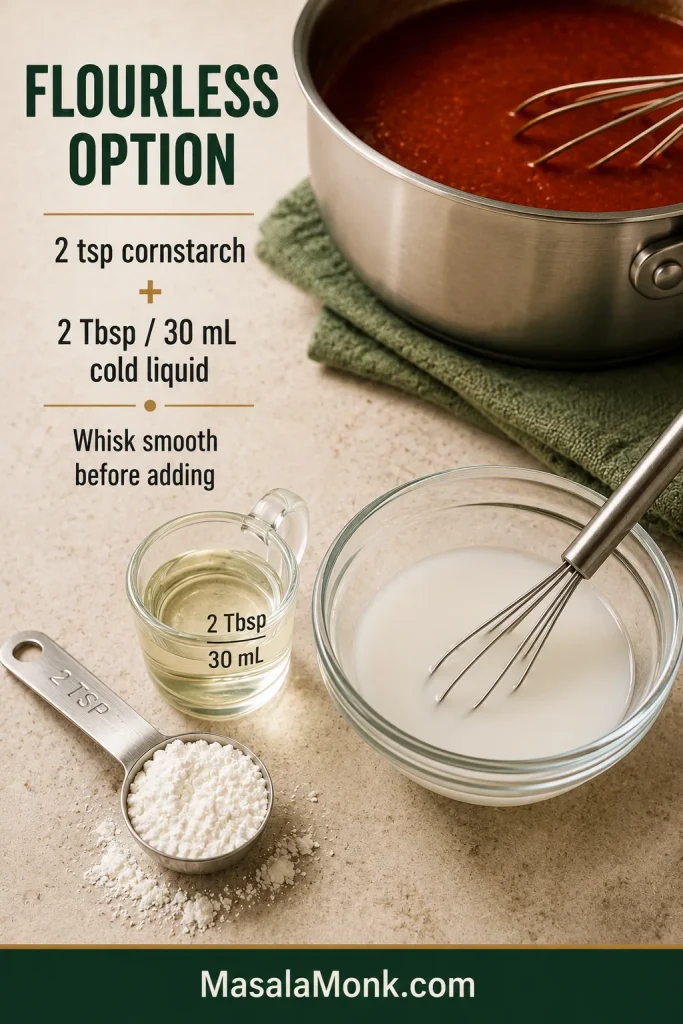 Flourless thickening setup with 2 teaspoons cornstarch, 2 tablespoons or 30 milliliters cold liquid, and a bowl of smooth cornstarch slurry beside red enchilada sauce.