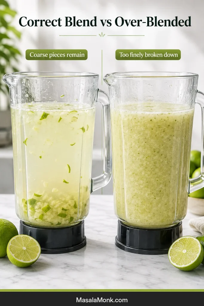 Two blender jars comparing cloudy liquid with coarse lime fragments against a finer over-blended mixture.