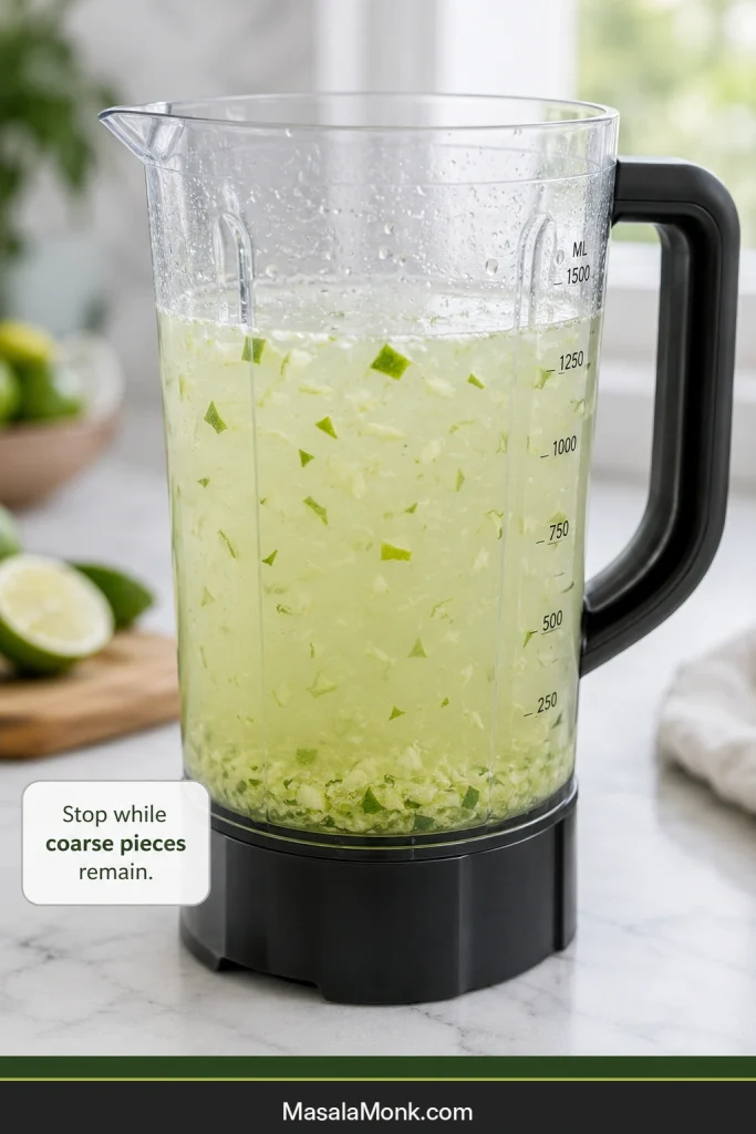Blender jar containing cloudy pale-green lime water with small, irregular peel and pulp fragments still visible.