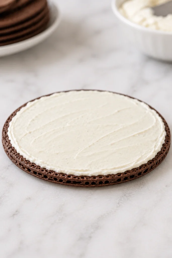 Thin round chocolate wafer spread almost to the edge with a restrained, even layer of whipped cream, viewed from a low angle.