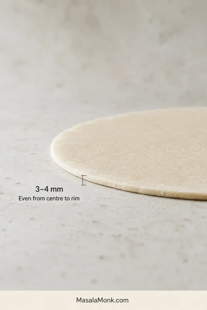 Side view of a raw pita round with an even edge measuring approximately 3 to 4 millimeters.