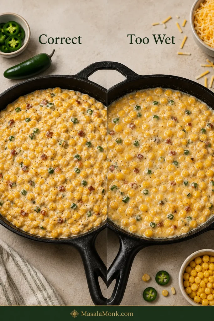 Side-by-side comparison of a thick corn-rich pre-bake dip with no pooled liquid and a looser mixture with visible liquid collecting around it.