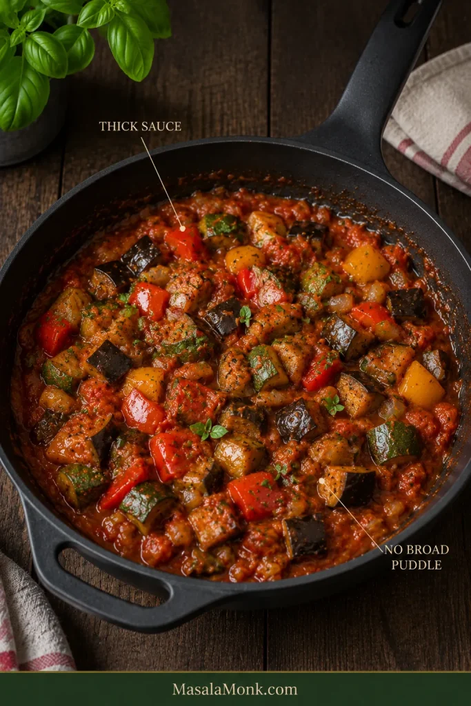 Finished ratatouille in a tilted pan with thick sauce surrounding distinct vegetables and very little free liquid.