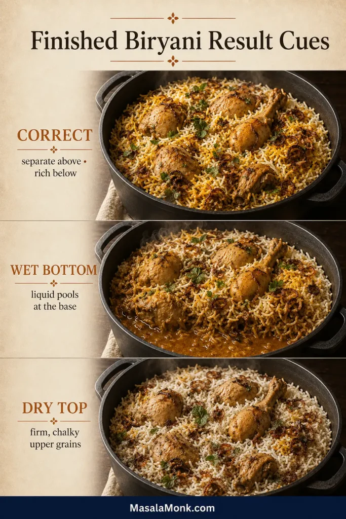 Three biryani results comparing separate rice with a rich base, liquid pooling beneath the rice and dry firm grains across the top.