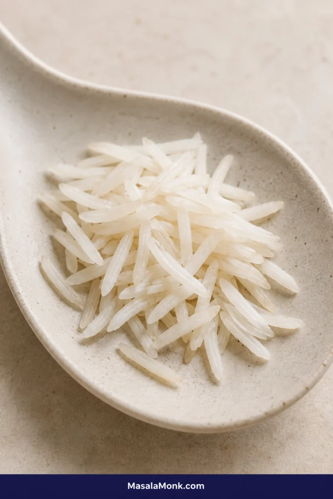 Close-up of lightly moist, partially cooked long basmati grains with separate shapes and a firm centre.
