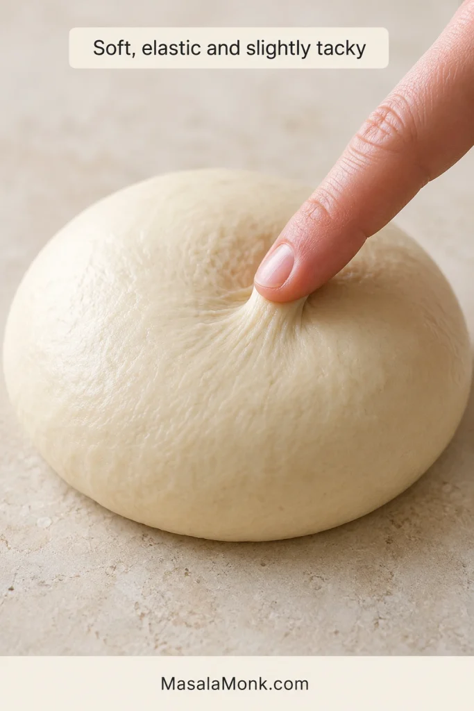 A fingertip pressing into smooth pita dough and leaving a shallow indentation.