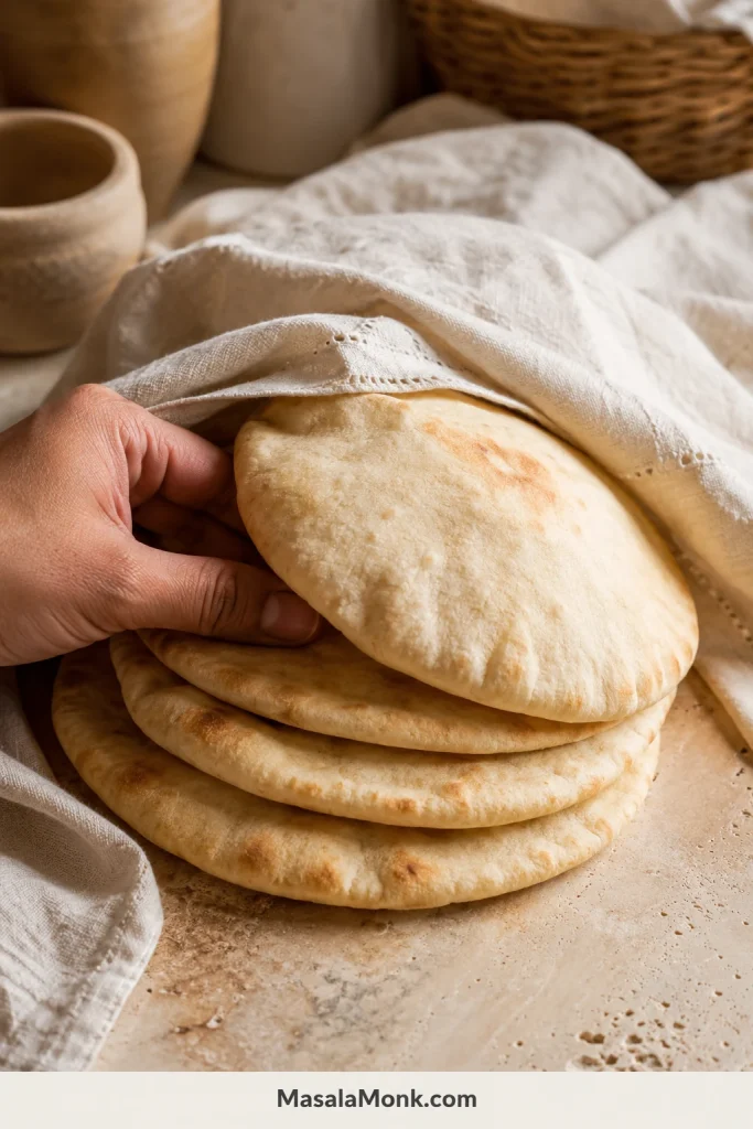 Freshly cooked pita being placed beneath a light towel over a warm stack of bread.