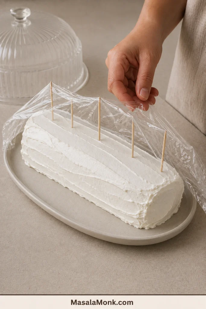 Clear plastic wrap tented above a whipped-cream-coated icebox cake and supported by several wooden toothpicks.