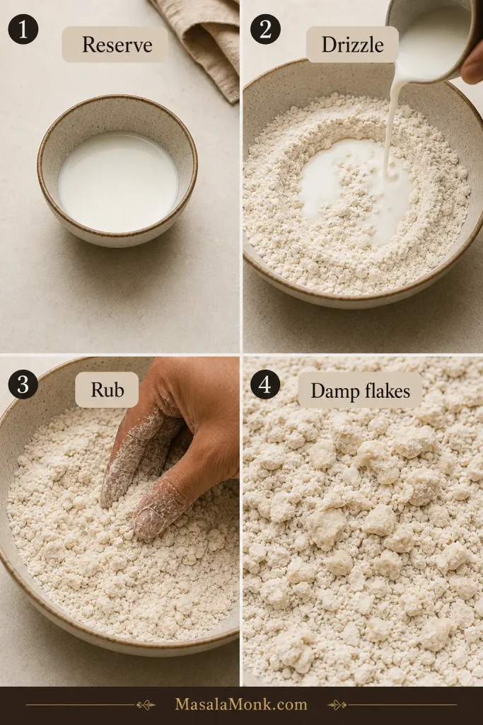 Four-step guide showing clean buttermilk reserved, drizzled into flour dredge, rubbed with fingertips, and forming small damp flour flakes.