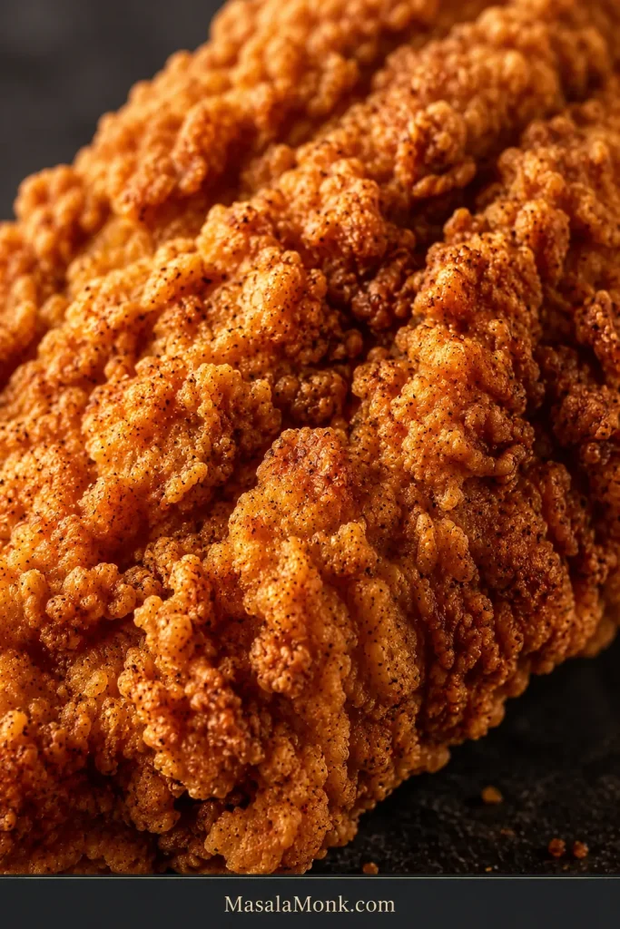 Extreme close-up of fried chicken crust with irregular flour ridges, folds, small flakes, and dark-golden peaks.