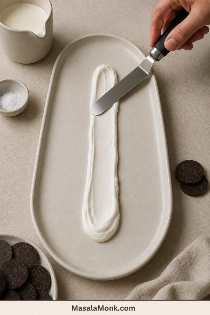 Offset spatula spreading a narrow line of whipped cream along the center of an ivory platter with chocolate wafers nearby.