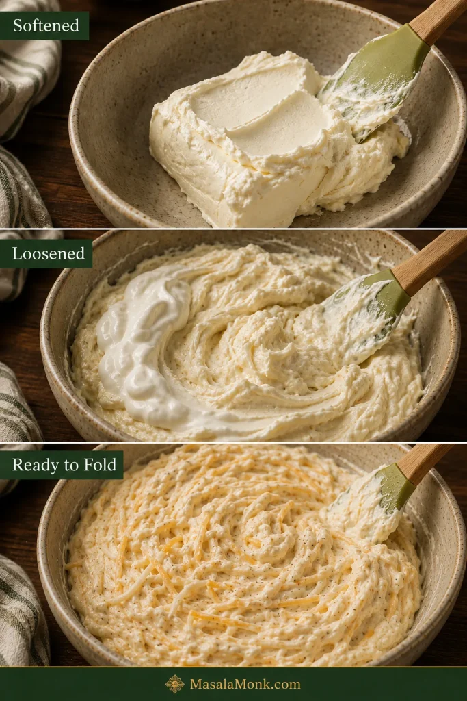 Three-stage guide showing softened cream cheese, sour cream being mixed into it, and a thick pale cheese base with shredded cheese and seasonings ready for the corn.