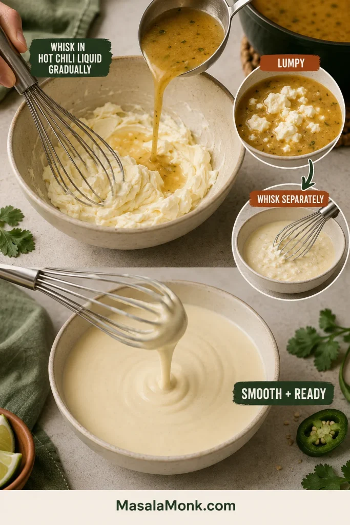 Hot chili liquid being whisked into softened cream cheese, with smooth, lumpy and rescued cream-cheese mixtures shown for comparison.