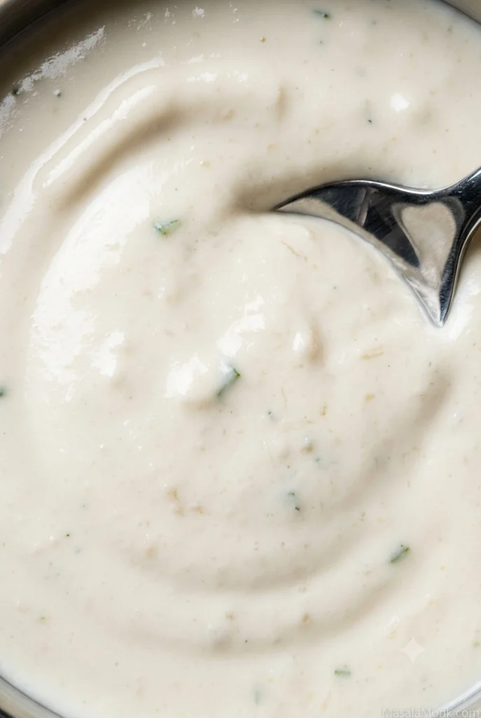 Close-up of thick creamy horseradish sauce with fine grated horseradish texture and small chive flecks.