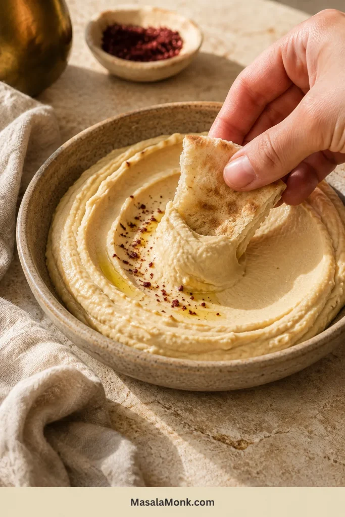 Hand dragging torn pita through pale hummus and leaving a clean curved trough in the bowl.