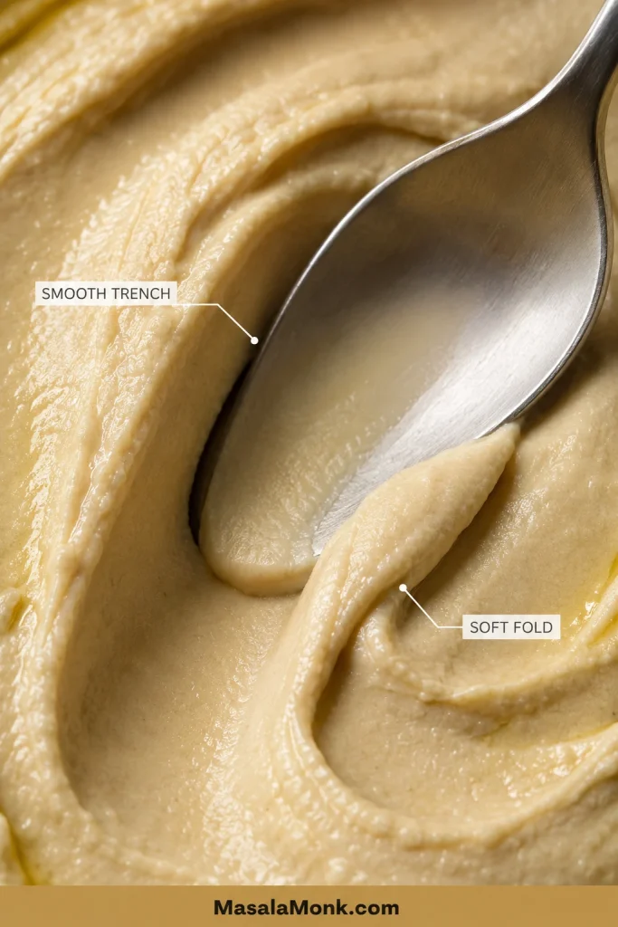 Close-up of a spoon leaving a smooth trench and soft folds in creamy hummus.
