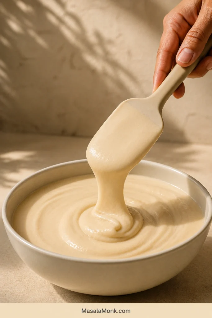 Thick ribbon of smooth hummus falling from a silicone spatula into a pale bowl.