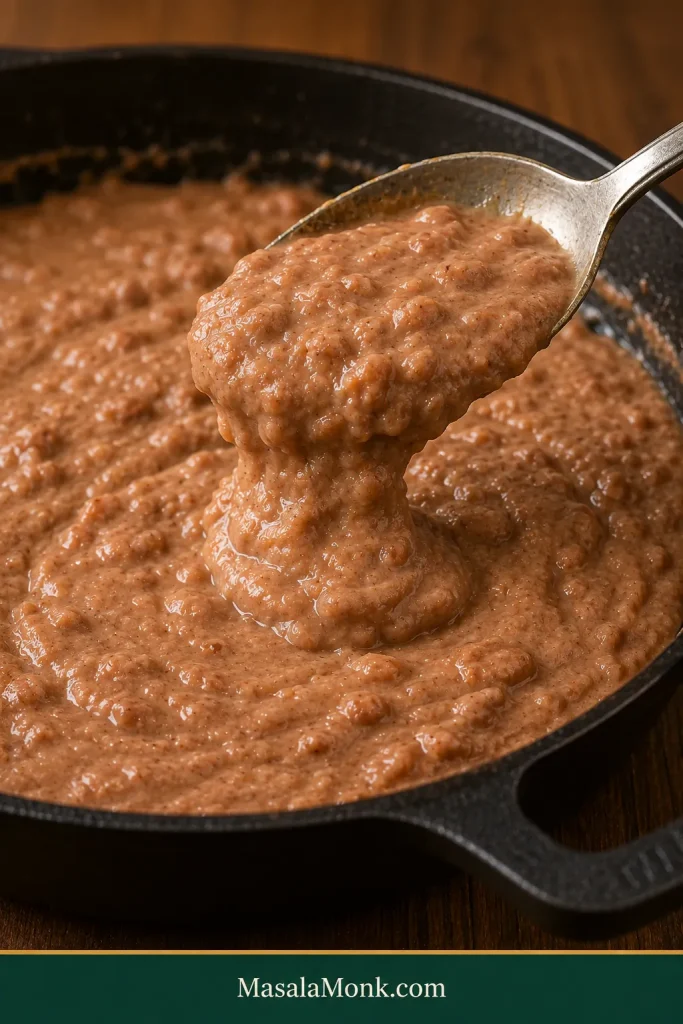 Spoon held close above a skillet as creamy refried beans fall back in a short, thick, soft fold.