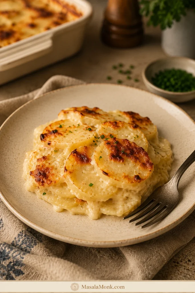 Plated serving of creamy scalloped potatoes with visible tender layers and browned edges.