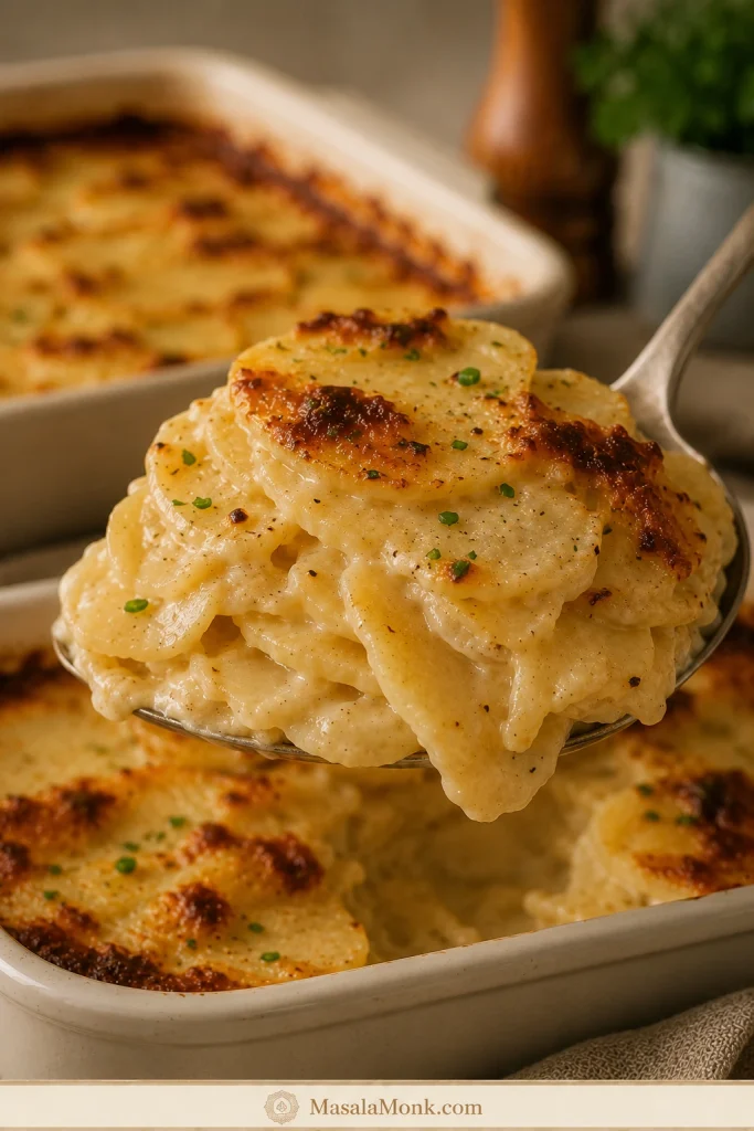 Serving spoon lifting soft scalloped potatoes with thin layered slices bending naturally and creamy sauce clinging between them.