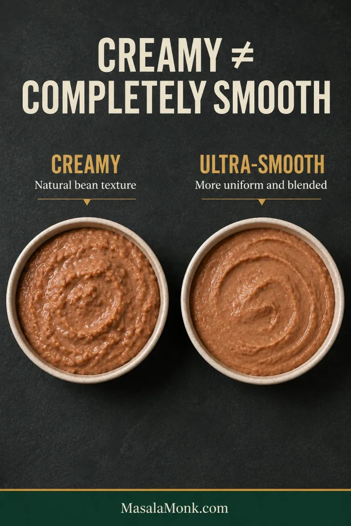 Two bowls compare creamy refried beans with visible natural texture and a finer, more uniformly blended version.
