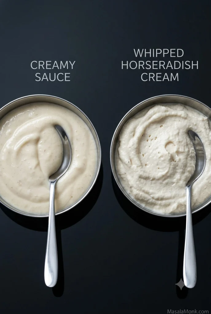 Two matching bowls compare dense creamy horseradish sauce with lighter, aerated whipped horseradish cream.