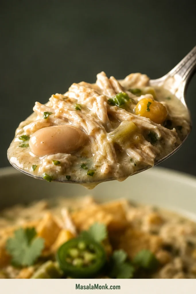 Spoonful of white chicken chili showing shredded chicken and whole white beans held together by creamy broth.