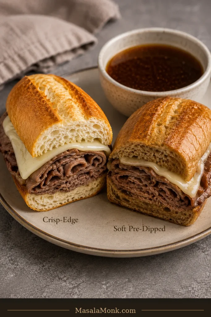 Two French dip sandwiches side by side, one with golden structured bread and one with darker, softer bread soaked farther through with au jus.
