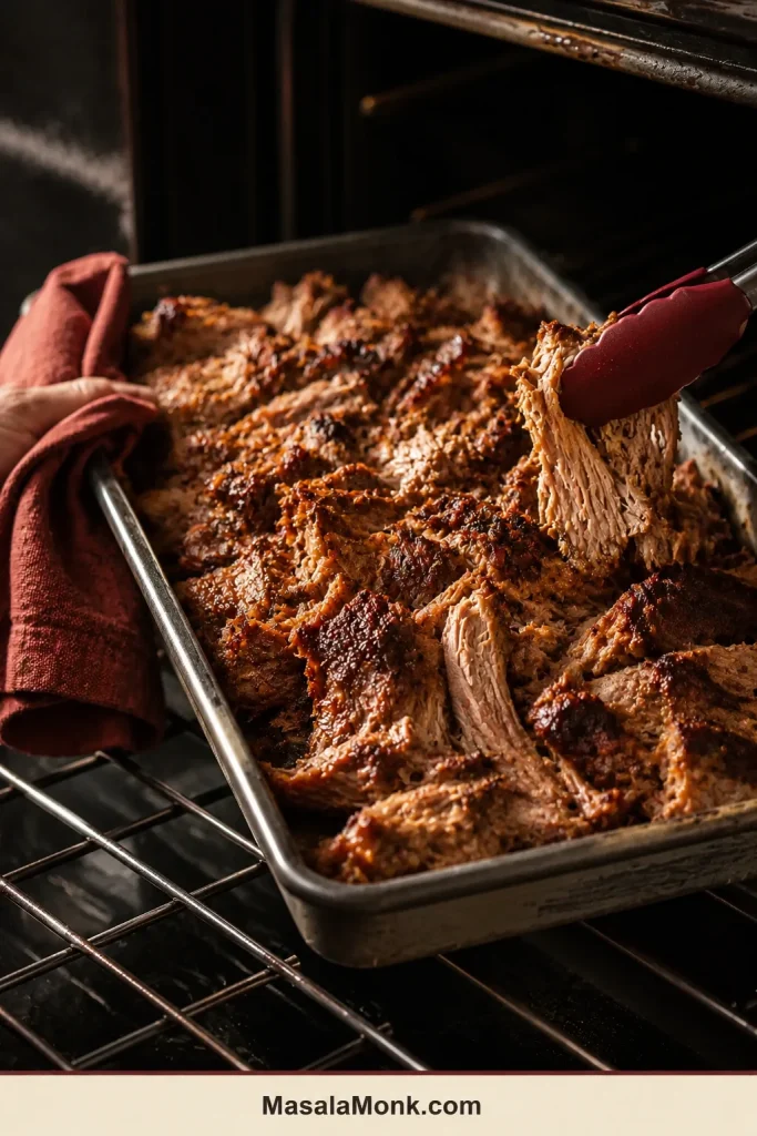 A tray of deeply browned carnitas is pulled from the oven while tongs lift one crisp-edged but still flexible piece.