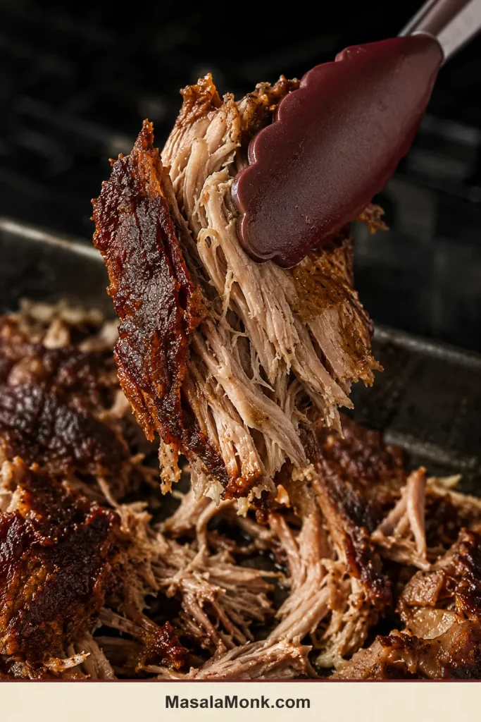 Burgundy-tipped tongs lift a broad carnitas piece with a dark underside, crisp irregular edges and a moist pork center.