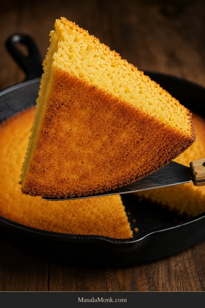 Low-angle view of a Southern cornbread wedge lifted from a cast-iron skillet, showing a thin deep-golden crisp underside beneath a tender crumb.