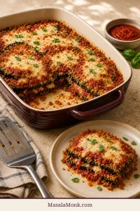 Baked Eggplant Parmesan in a burgundy casserole with one layered serving removed and plated beside it.