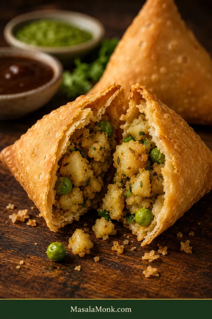 Cracked-open golden Punjabi samosa revealing chunky spiced potato and green pea filling, with crisp crumbs and a whole samosa behind it.