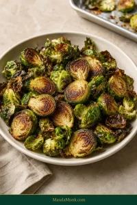 Cream bowl filled with roasted Brussels sprouts with mahogany-brown cut sides, crisp dark-green outer leaves and tender green centers.