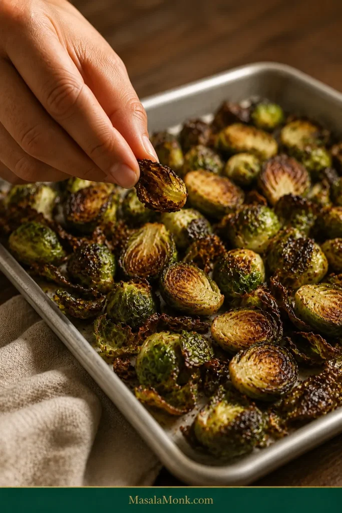 Hand picking up a crisp roasted Brussels sprout piece from a sheet pan filled with deeply browned sprouts and loose crispy leaves.