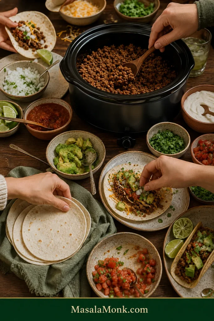 Several hands build tacos around an open black slow cooker filled with seasoned ground beef, surrounded by tortillas, cheese, salsa, avocado, onion and lime on a used taco-bar table.