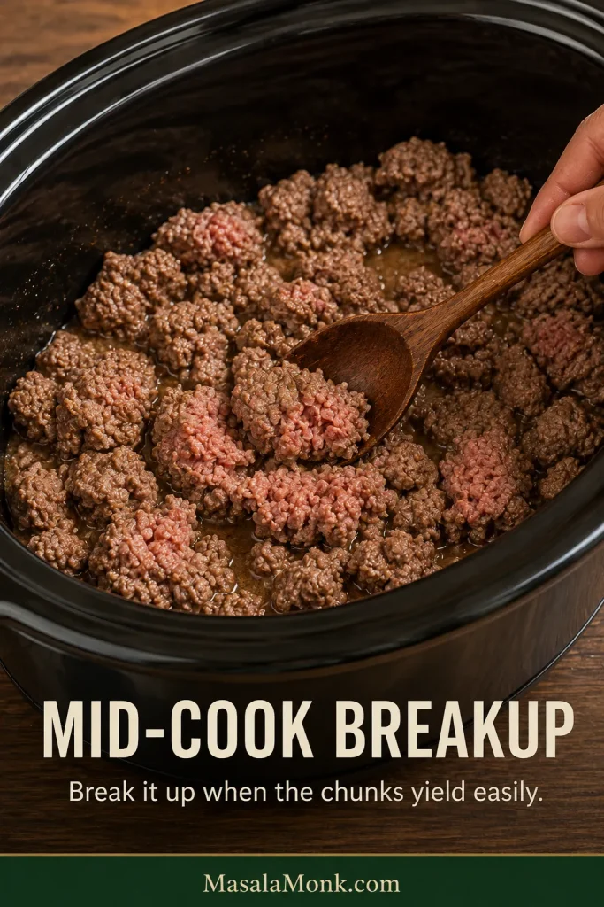 Partially cooked ground beef in a slow cooker with browned outer surfaces and some pink interior as a wooden spoon begins splitting one tender chunk apart.