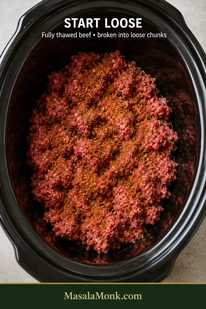 Thawed raw ground beef broken into several loose chunks inside a dark slow cooker, with taco seasoning scattered over the meat and no liquid added yet.