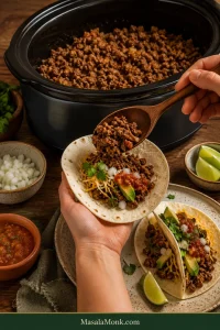A hand spoons seasoned ground beef from a black slow cooker into a soft tortilla on a taco-night table with cheese, avocado, onion, lime and salsa nearby.