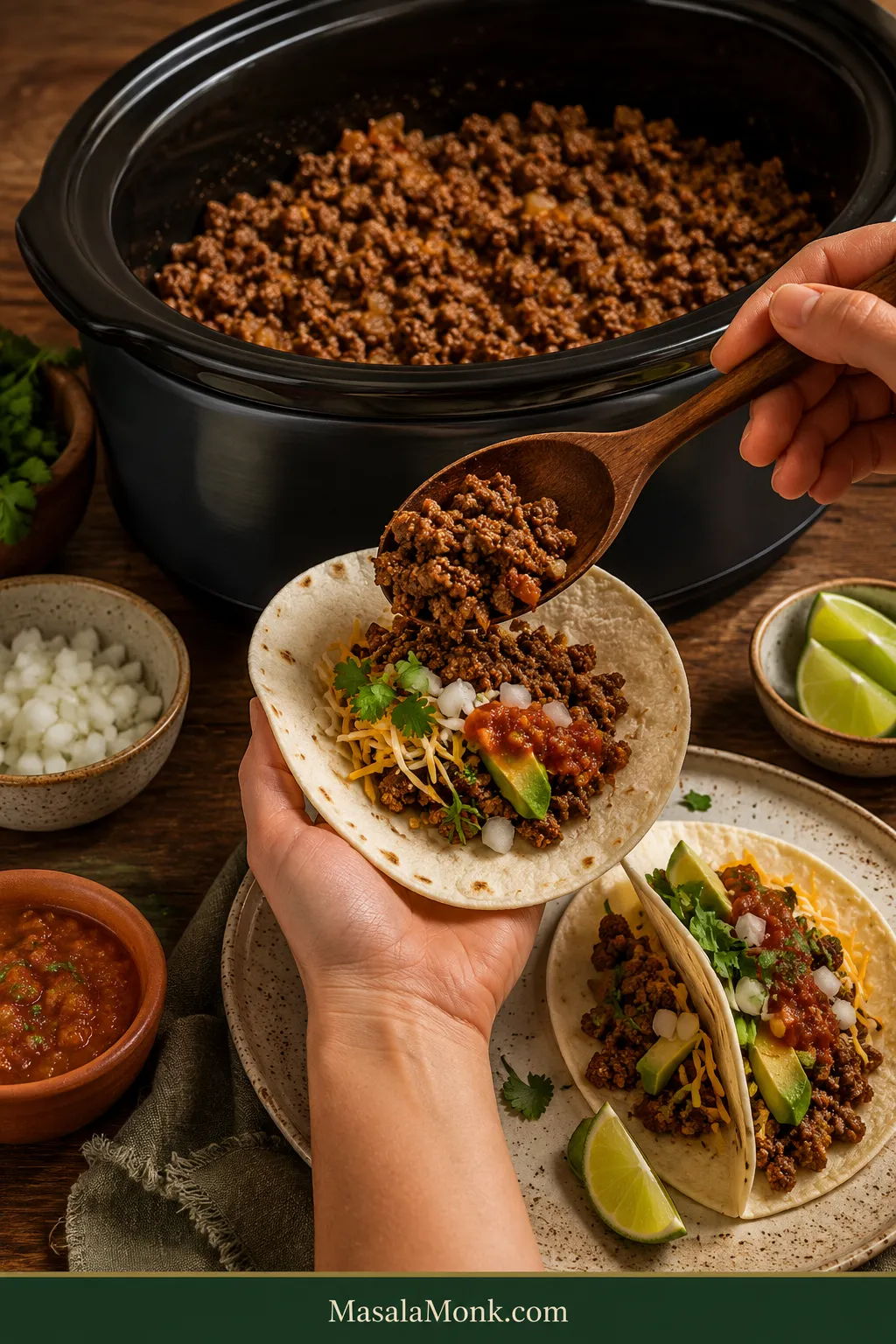 A hand spoons seasoned ground beef from a black slow cooker into a soft tortilla on a taco-night table with cheese, avocado, onion, lime and salsa nearby.