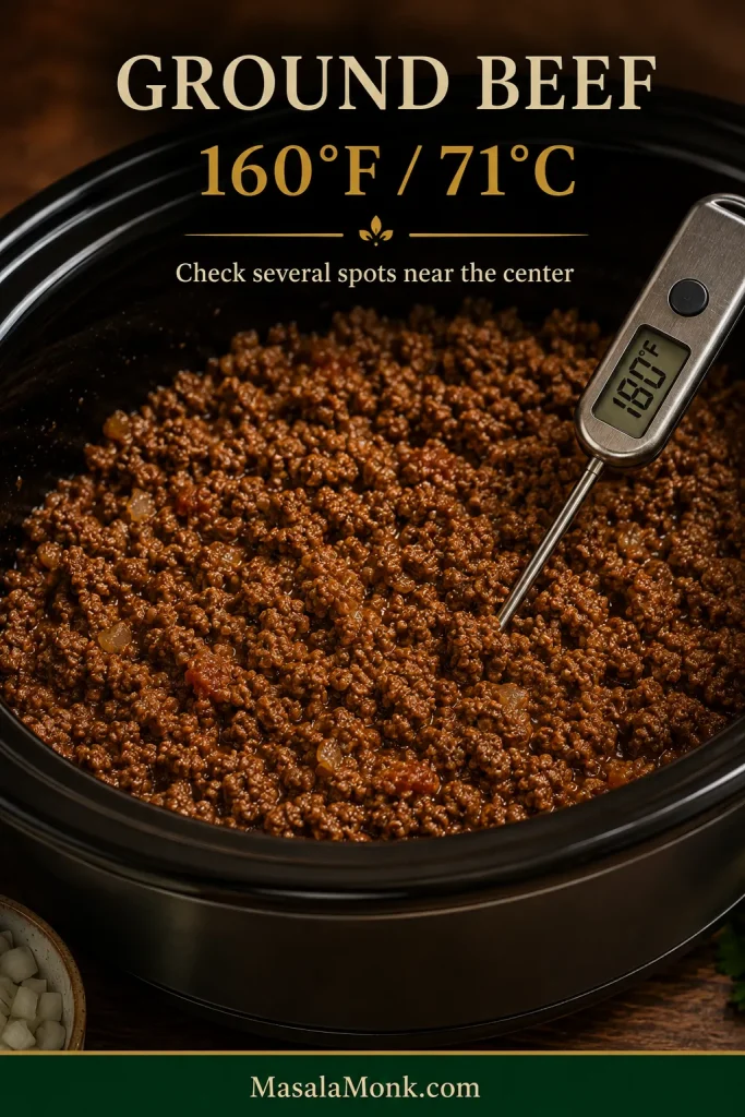 Digital food thermometer inserted into ground beef near the center of a slow cooker, reading 160 degrees Fahrenheit, with guidance to check several central areas.
