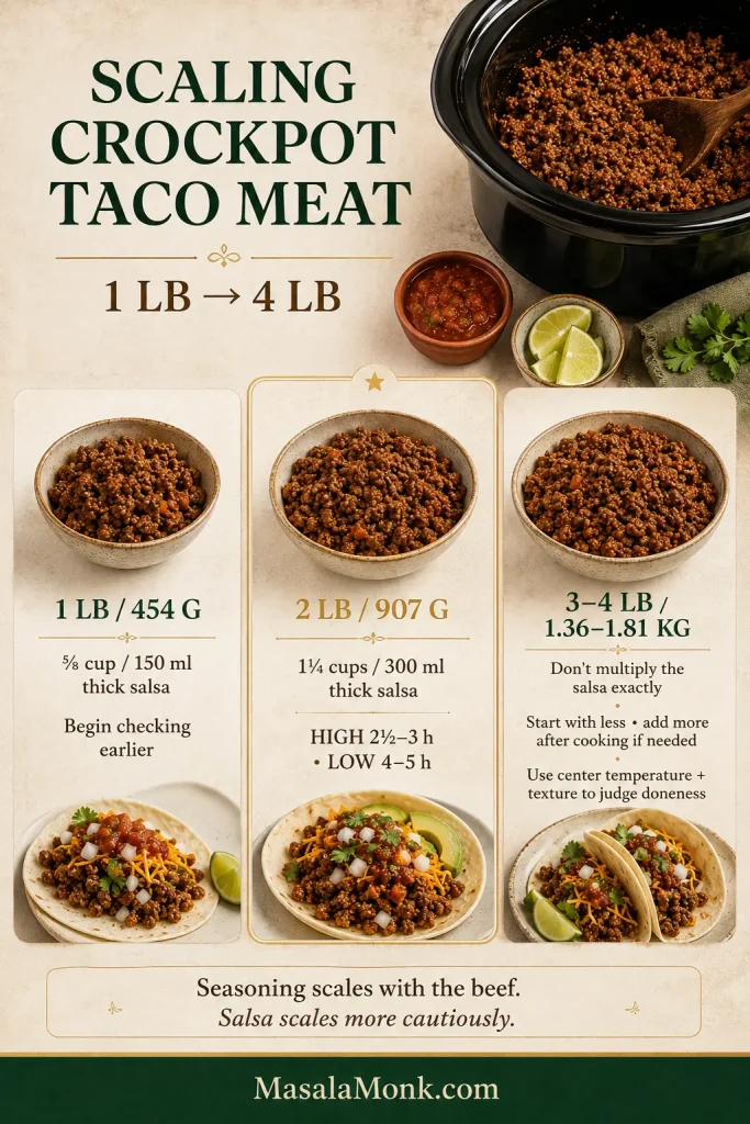 Scaling guide for 1, 2 and 3 to 4 pounds of ground beef, with exact salsa amounts for the smaller batches and more cautious salsa guidance for larger batches.