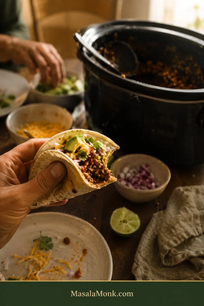 A hand holds a partly eaten soft taco filled with ground beef, avocado, cheese, onion and salsa, with a used black slow cooker, topping bowls, squeezed lime and a messy dinner plate softly visible behind it.