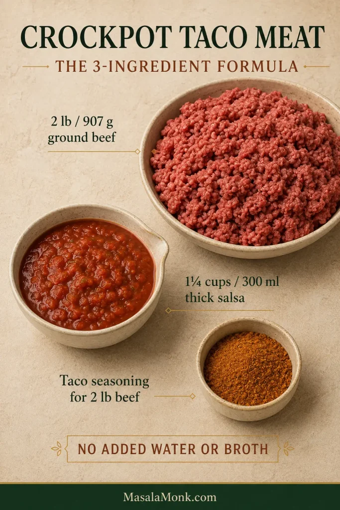 Ingredient guide showing 2 pounds of ground beef, 1¼ cups of thick salsa and taco seasoning, with a note that no added water or broth is needed.