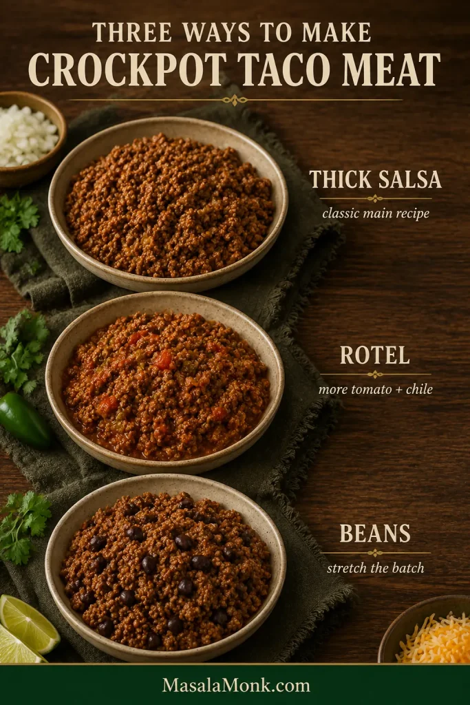 Three bowls compare Crockpot taco meat made with thick salsa, a Rotel version with visible diced tomato and chile, and taco meat mixed with whole black beans.