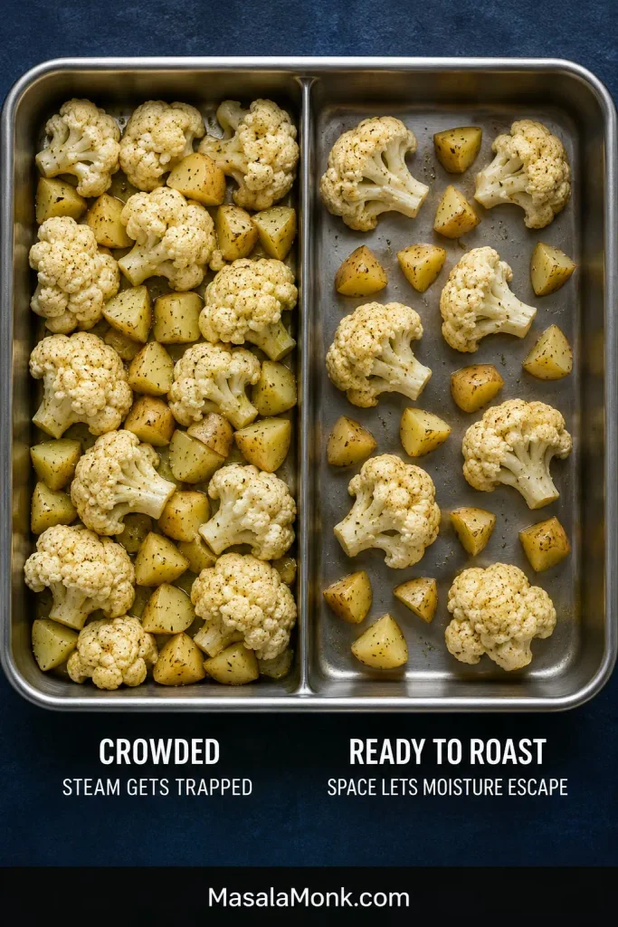 Two trays of seasoned cauliflower and potatoes before roasting, one tightly crowded and one spaced apart with visible metal between the vegetables.